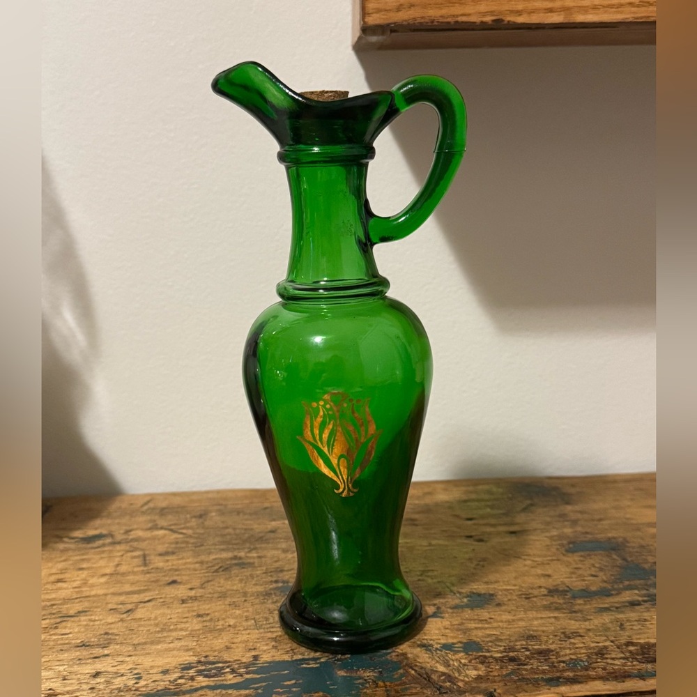 Avon Green Glass Cruet with Gold Design
